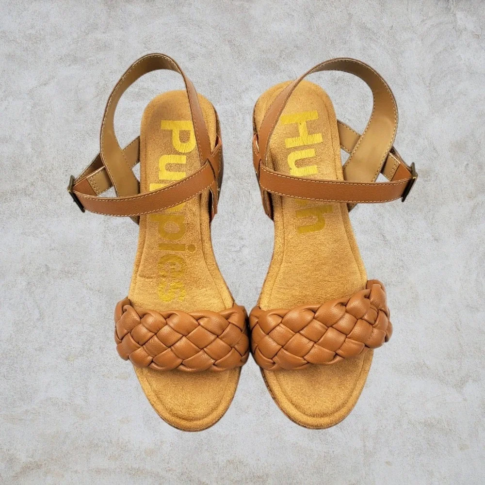 Hush Puppies Poppy Tan Braided Leather Cork Platform Block Heel Sandal Women 5.5